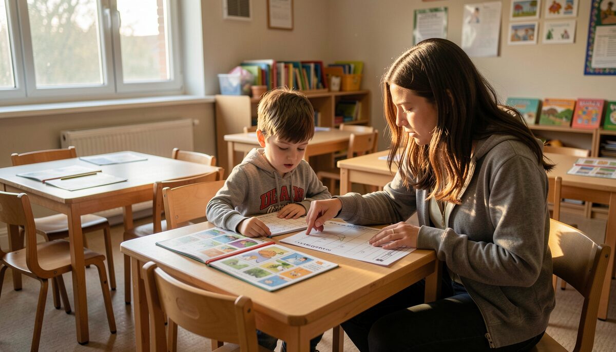A community hall classroom in late afternoon light, small tables with picture dictionaries and worksheets, a volunteer sitting beside a child pointing at a page.