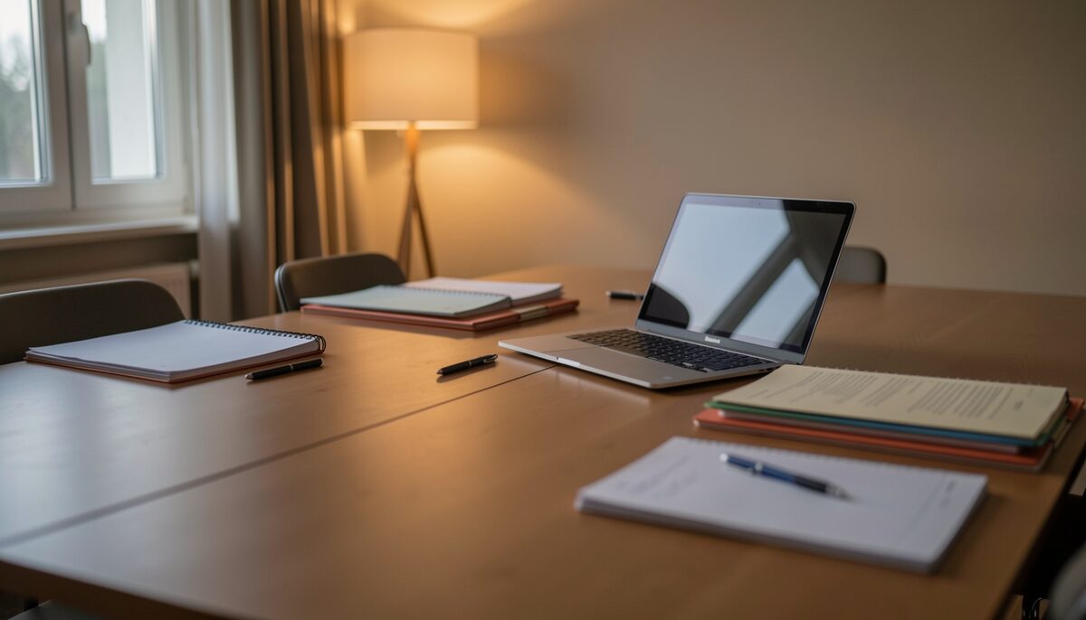 A quiet meeting room in the evening with a long table, notebooks, pens, and a laptop open beside paper folders, warm light from a window.