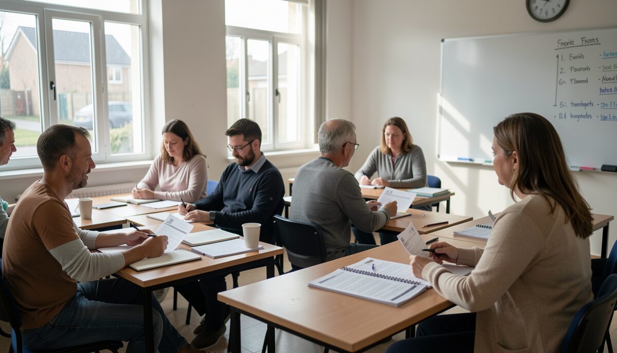A classroom with adult students at small tables, notebooks and printed forms in front of them, morning light through a window onto a whiteboard