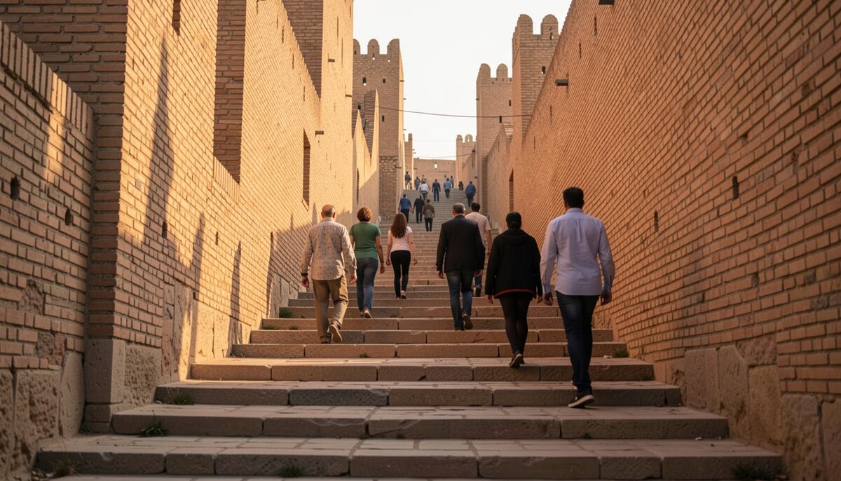 The stone stairway of the Erbil Citadel at late afternoon, visitors walking up between old brick walls under warm light.