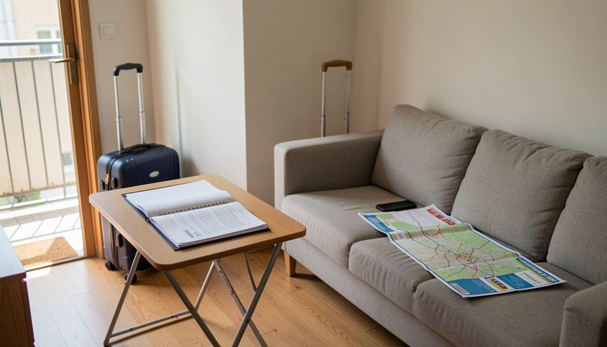 A modest apartment living room in late morning light, with two suitcases by the door, a folding table holding a folder of documents, and a city bus map spread open on a sofa.