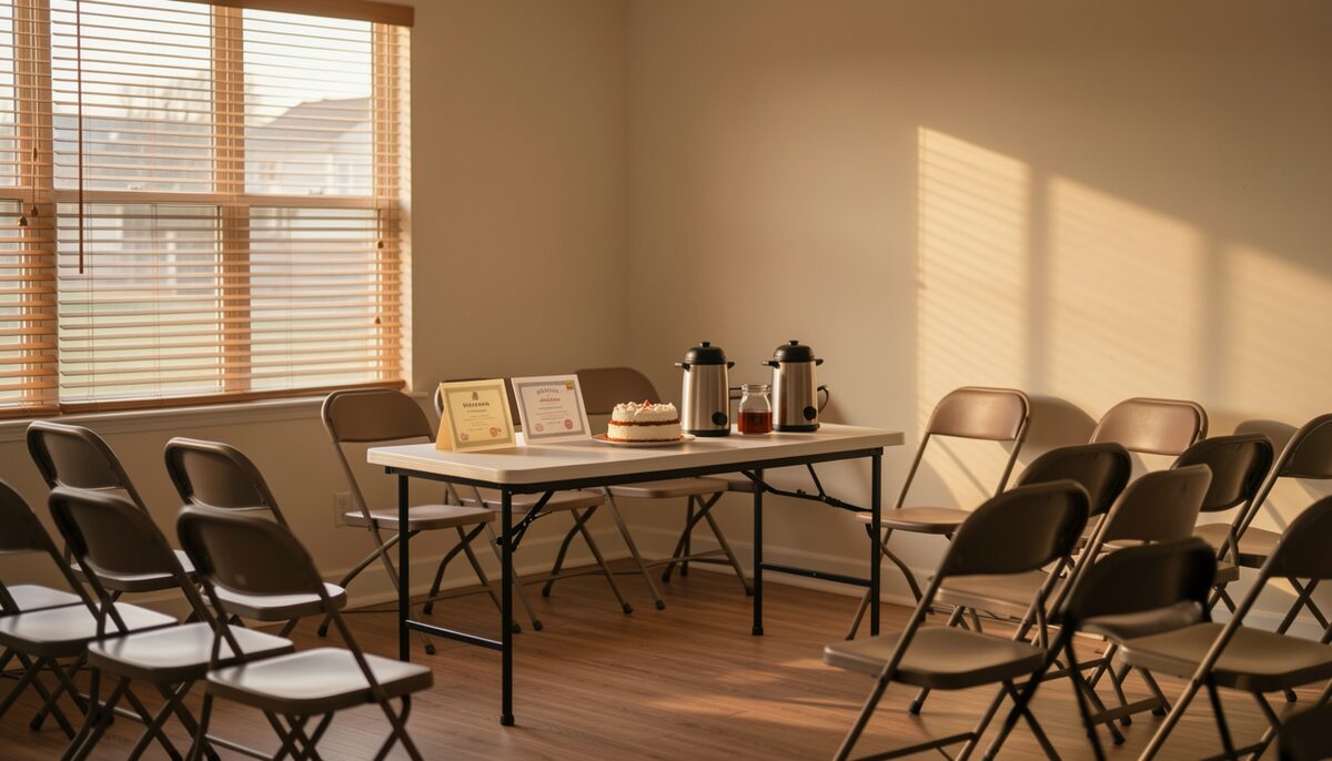 A modest community hall in the late afternoon, rows of folding chairs facing a small table with certificates, a cake, and tea urns, warm light through venetian blinds.