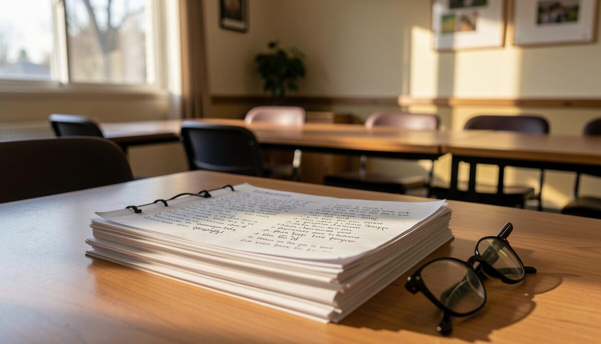 A stack of handwritten petition pages on a wooden table beside a pen and reading glasses, lit by late afternoon window light in a community meeting room.
