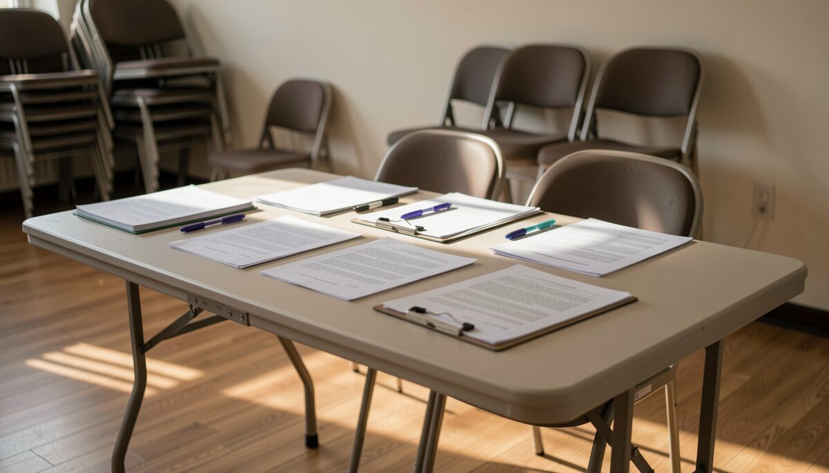 A folding table in a community hall with printed petition sheets, clipboards, and pens, afternoon light falling across paper and chairs stacked against the wall.