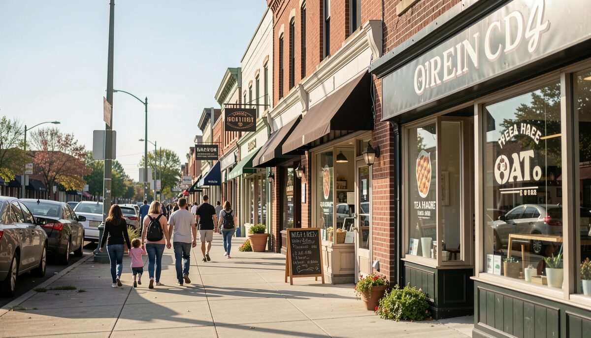 A sunny sidewalk outside a row of storefronts in a Nashville neighborhood, with a kebab restaurant next to a tea house and families walking past under a clear sky.