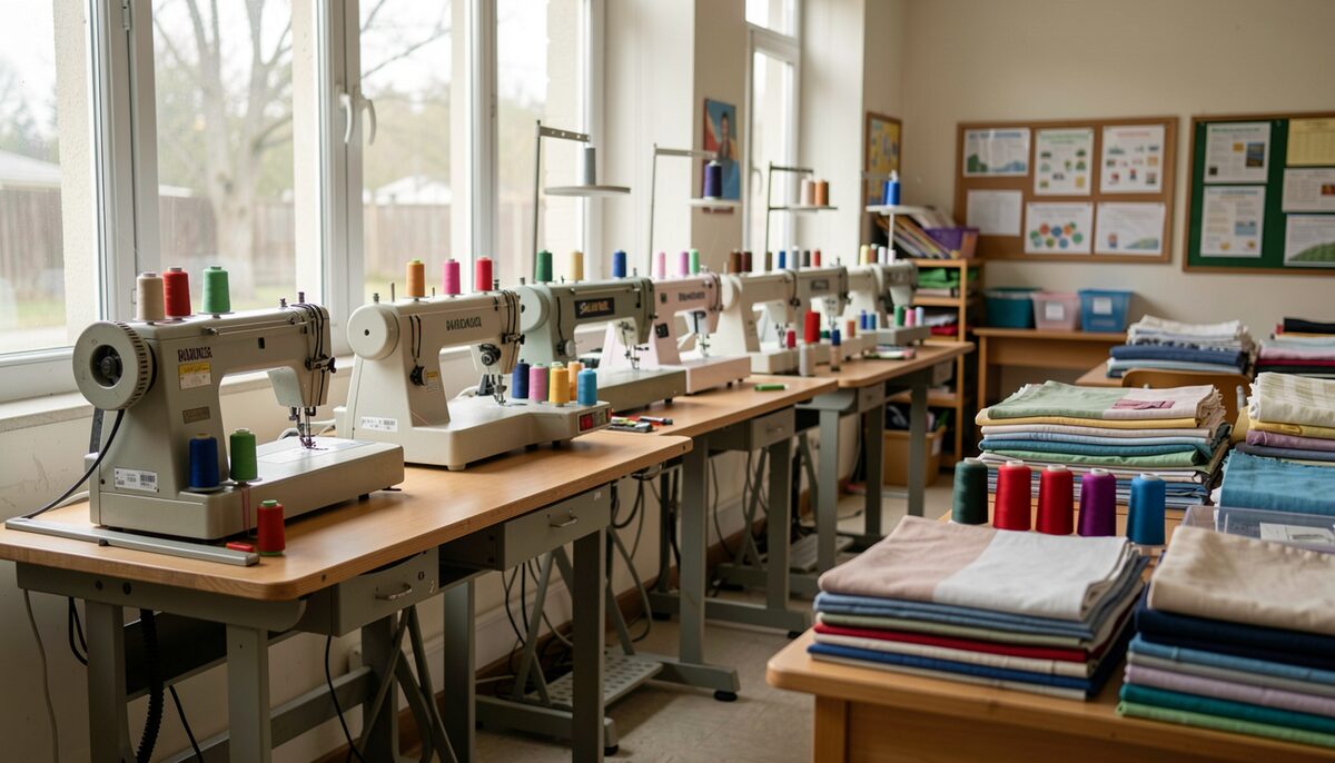 A row of sewing machines by a bright window in a community classroom, with spools of thread and fabric stacks on a nearby table.
