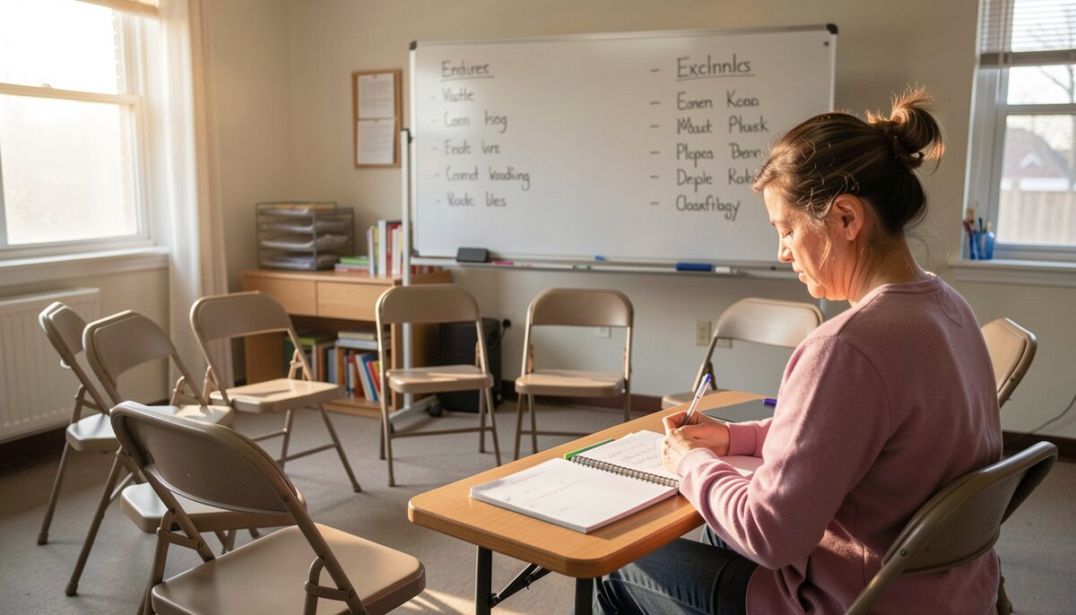 A community center classroom in late afternoon light, folding chairs arranged in a circle, a whiteboard with simple English vocabulary words, and an adult student practicing handwriting in a notebook.