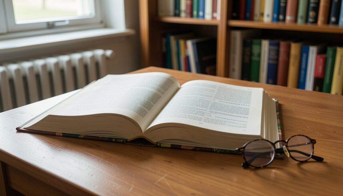 An open printed book of constitutional law lying on a wooden library table beside reading glasses, lit by soft afternoon window light.