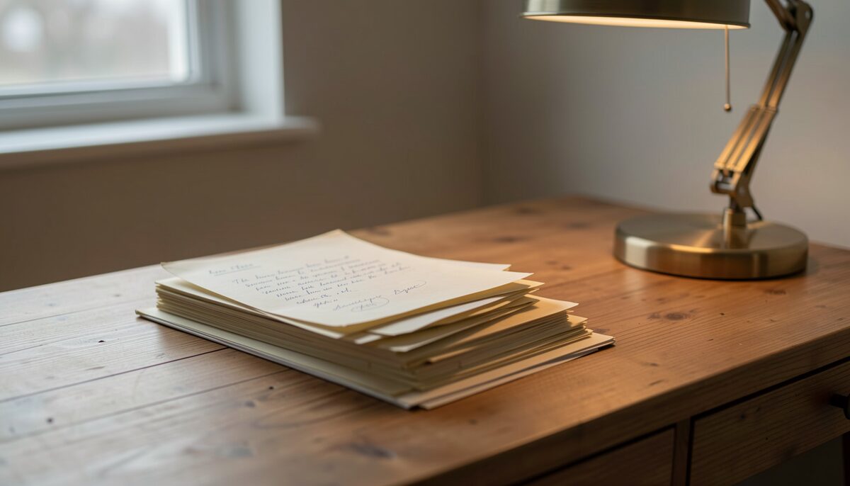 A stack of handwritten letters and documents on a wooden desk beside a reading lamp in soft evening light.